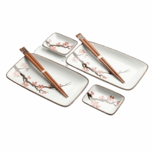 Set 2 Platos Porcelana, 2 Salseras Porcelana y 2 Palillos Sakura